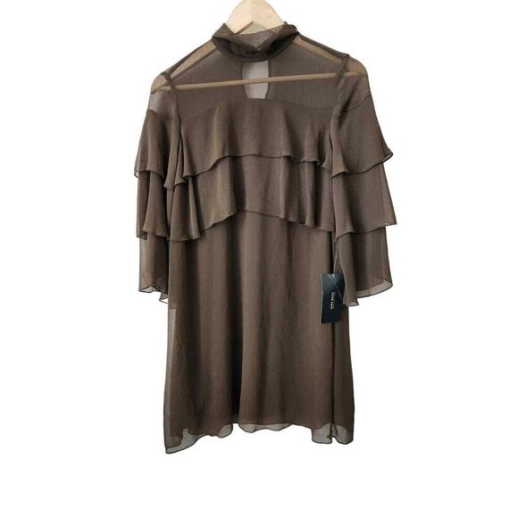 NWT Zara brown multi‎ layer chiffon knee length dress XS ruffle - Picture 1 of 9